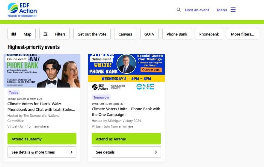 Screenshot of EDF Action political action committee events page